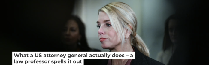 U.S. Attorney General Pam Bondi answers questions from the media at the U.S. Capitol on March 18, 2026. Matt McClain/Getty Images